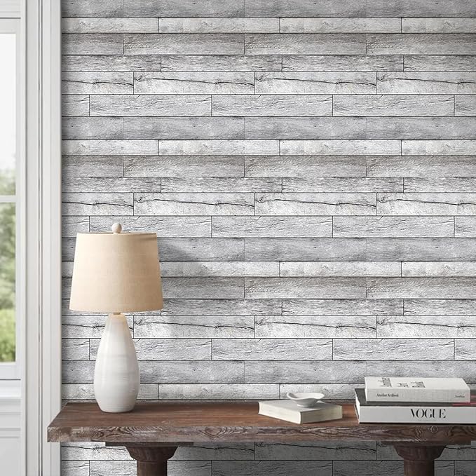 COMSTICKC Peel and Stick Shiplap Faux Wood Wall Sticker, 10 Pcs of 12" x 12", Ultra-Light Thin PVC 3D Fake Wood Self-Adhesive Wall Covering Panels for Interior Farmhouse Decor, Vintage Gray