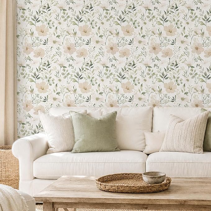 Floral Peel and Stick Wallpaper 17.7in x 118in | Watercolor flower removable self adhesive design for cottagecore bedroom accent walls