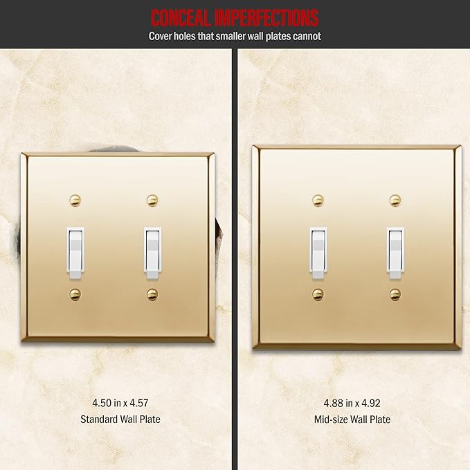 ENERLITES Dual Toggle Light Switch Metal Wall Plate, Stainless Steel Switch Cover, Corrosion Resistant, Mid-Size 2-Gang 4.88" x 4.92", Stainless Steel 201, 7712M-PB, Polished Brass (Pack of 1)
