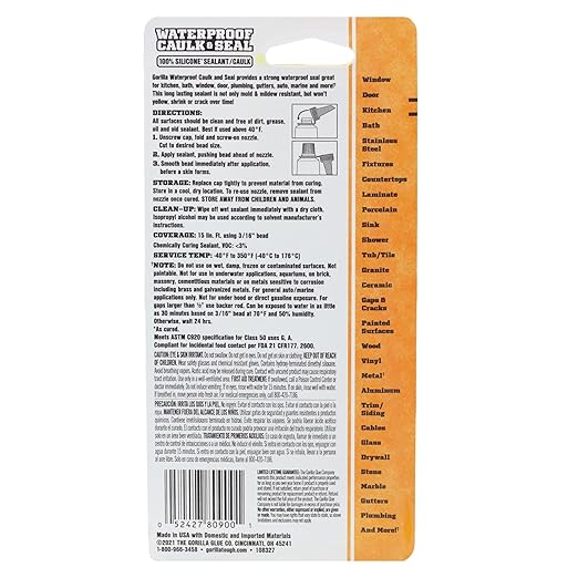 Gorilla 100% Silicone Caulk, Waterproof Sealant, 2.8oz Squeeze Tube (Pack of 2) – Clear -10 Year Mold Resistant Kitchen, Window, Bath, Marine, Door and More