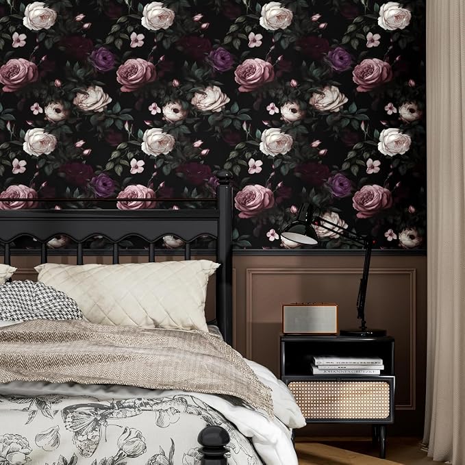 Fvlow Pink Rose Dark Floral Peel and Stick Wallpaper 17.4" x 394" | Renter Friendly, Removable & Waterproof, Vinyl Easy Install for Bedrooms, Bathrooms, Kitchens, Cabinets and Home Decor