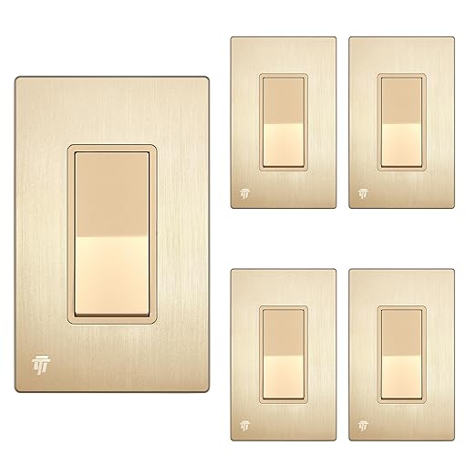 ENERLITES Elite Series Decorator Light Switch with Brushed Screwless Wall Plate, Single Pole, 3 Wire, Grounding Screw, Residential Grade, 15A 120V, UL Listed, 91150-GDWBP5P, Brushed Gold (5 Pack)