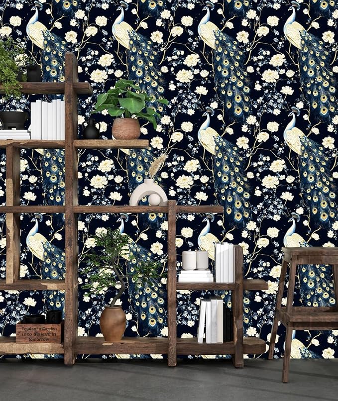Black Vintage Peacock Peel and Stick Wallpaper 17.5" x 393" | Waterproof Vinyl Self Adhesive Removable Renter Friendly Floral Contact Paper