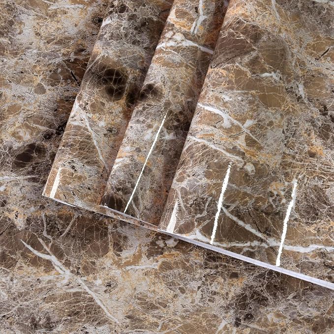 Wide Marble Granite Peel and Stick Wallpaper Contact Paper for Countertops | Counter Top Covers Brown Thick Waterproof Self-Adhesive Marble Vinyl Wrap 31.5x354inch Dark Wall Paper for Kitchen Bathroom