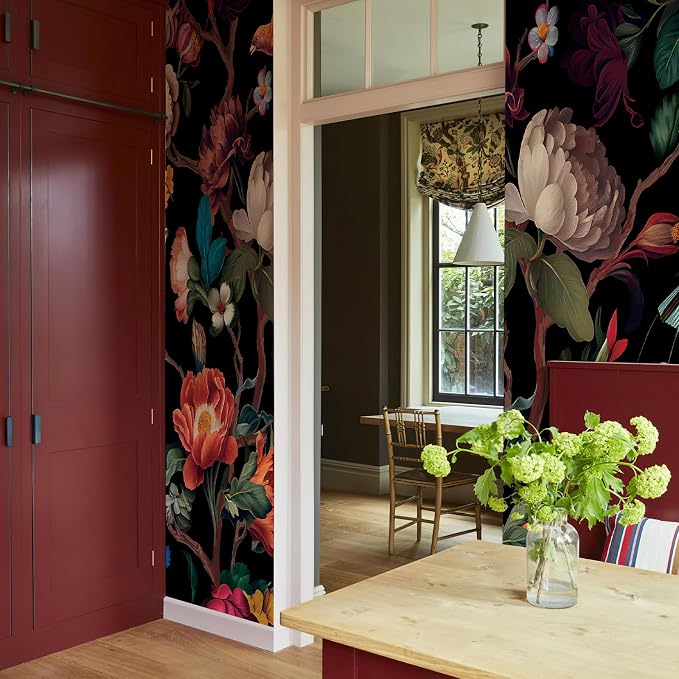Zeeko Vintage Floral Wallpaper Peel and Stick Large Black Flower Wall Murals for Bedroom TV Background Wall Paintings Art Deco 98" H x 59" W
