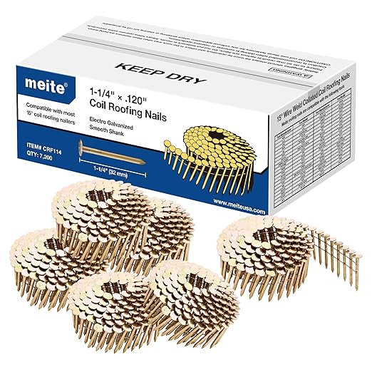 meite 14,400PCS Coil Roofing Nails 1-1/4 Inch Leg for Roofing Nailer Gun, 15 Degree Round Head Wire-Weld Collated Coil Nail, Pro Contractor-Pack Roofing Nails for Roofs Repair Asphalt Shingles