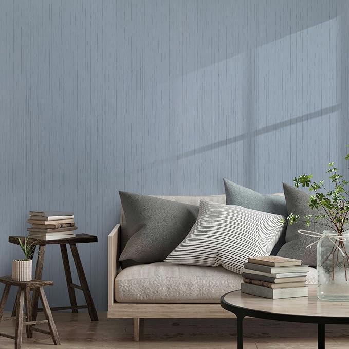 Grey Blue Peel and Stick Grasscloth Texture Wallpaper 15.74" x 196.85" | Neutral Faux Grass Cloth Contact Paper Waterproof Vintage Removable Linen Vinyl Wall Paper for Room Walls Furniture