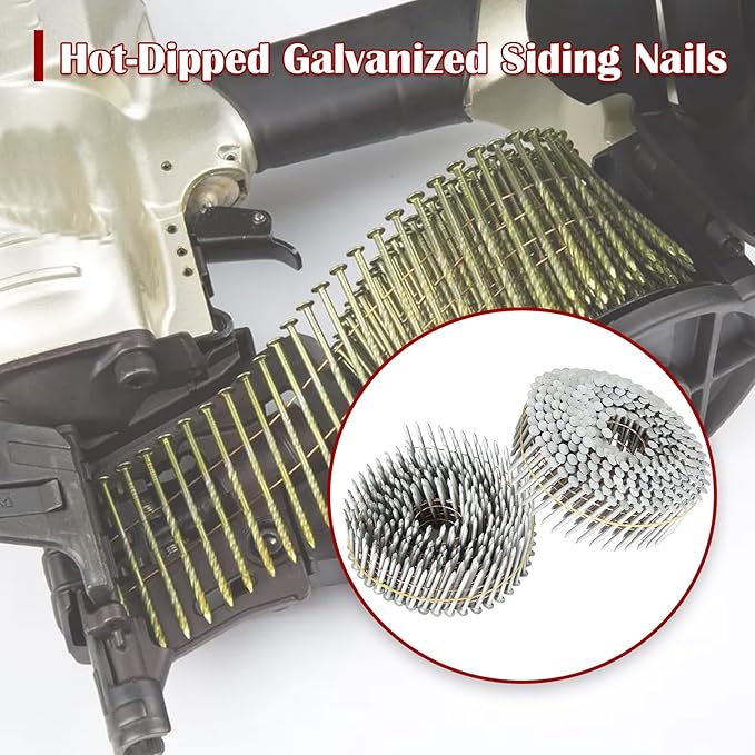 findmall 1-1/2 Inch 3600 Count Siding Nails 15-Degree Wire Collated Coil Full Round Head Hot-Dipped Galvanized Siding Nails