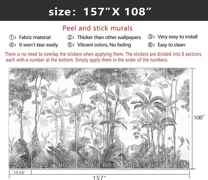 YIHWM-Peel and Stick Tropical Rainforest Wallpaper Grey Jungle Plants Mural | Tear-resistant,with a substantial feel;Will not be damaged during repositioning.Bathroom,Bedroom wallpaper.XL-157"x108"