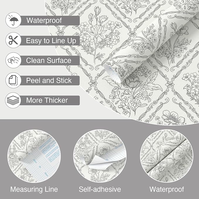 Toduso Peel and Stick Wallpaper Vintage Wall Paper Black and Cream White Contact Paper Removable Wallpaper for Kitchen Bathroom Bedroom Floral Waterproof Self Adhesive Vinyl Drawer Decor 17.3"x393.7"