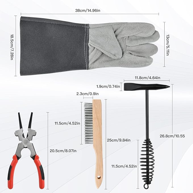 4-Piece Welding Slag Removal Tool Set - 10 Inch Chipping Hammer with Coil Spring Handle, Multi-Functional Pliers, Wire Brush, Welding Gloves