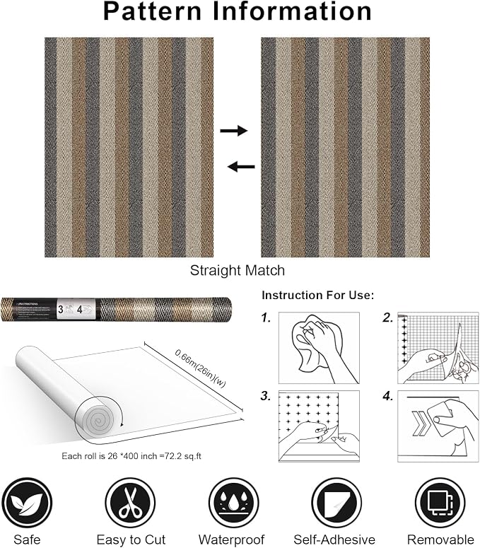 Simon&Siff Textured Fabric Wallpaper Peel and Stick Large Size 26"x400" Black/Brown/Grey Stripes Printed Grasscloth Look Wall Paper Faux Linen Contact Paper Self-Adhesive Vinyl for Bedroom Bathroom