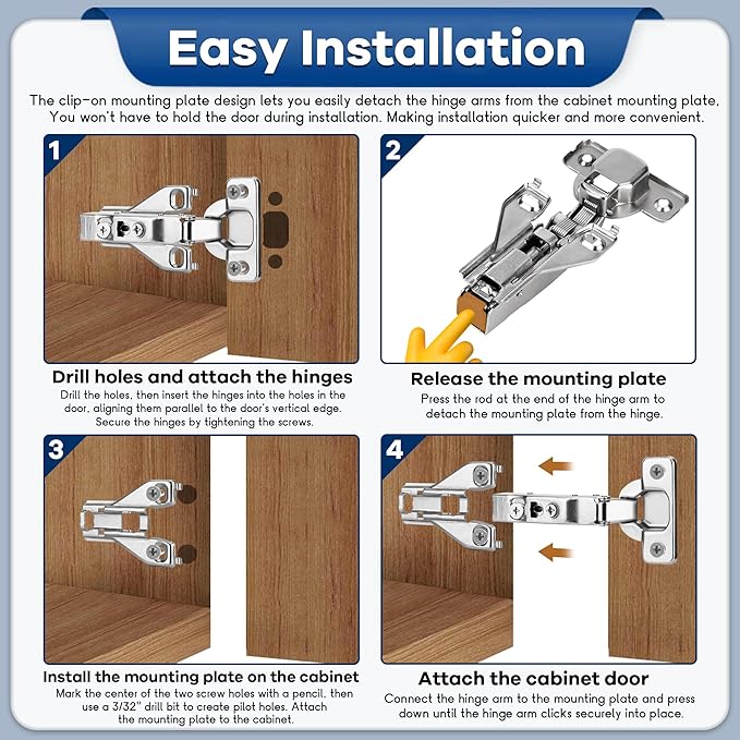 40 Pack 1/2'' Overlay Face Frame Soft Close Hidden Cabinet Hinges, 105 Degree 3D Adjustable Clip On Plate Concealed Kitchen Cupboard Door Hinges with Screws