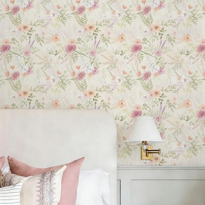 Dimoon Floral Peel and Stick Wallpaper Beige Boho Neutral Cottage Contact Paper Bathroom Cabinets Farmhouse Wall Paper Renter Friendly Removable Waterproof Kitchen Vinyl 197''x17.3''