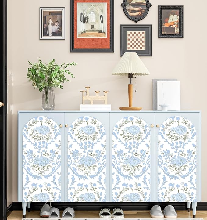 ILHIIOR White Floral Peel and Stick Wallpaper Boho Leaf Contact Paper Blue Flower Removable Self Adhesive Waterproof Wall Paper for Cabinet Drawers Wall Decor Renter Friendly 17.5''x118''