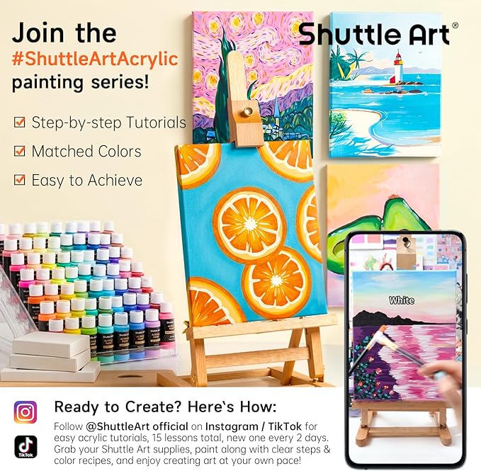 Shuttle Art Acrylic Paint, 42 Colors Acrylic Paint Set with 12 Brushes, 2oz/60ml Bottles, Rich Pigmented, Water Proof, Premium Paints for Artists, Beginners and Kids on Canvas Rocks Wood Ceramic