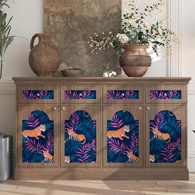 Dark Blue Vintage Tiger Peel and Stick Wallpaper 17.5" x 393" | Waterproof Vinyl Self Adhesive Removable Renter Friendly Floral Contact Paper