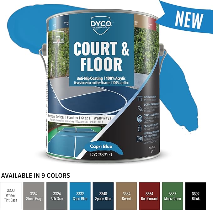DYCO Court & Floor Anti-Slip Coating - Slip-Resistant Pavement, Cement & Concrete Paint for Pickleball, Tennis & Basketball Courts, Exceeds ADA Standards for Safety Areas (Capri Blue, 1 Gallon)