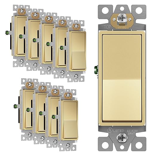 ENERLITES Elite Series Decorator Rocker Light Switch, 15A 120V/277V, Gloss Finish, Single Pole, 3 Wire, Grounding Screw, Residential Grade, UL Listed, 91150-GD, Gold Color (10 Pack)