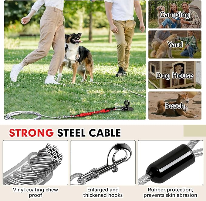 Snagle Paw Dog Tie Out Cable and Stake with Lock-Cap,Heavy Duty 20FT Dog Yard Leash & Stake with Shock Absorbing Bungee Tether,Rust Proof Ground Anchor for Yard, Beach, Camping & Outdoor,up to 360 Lbs