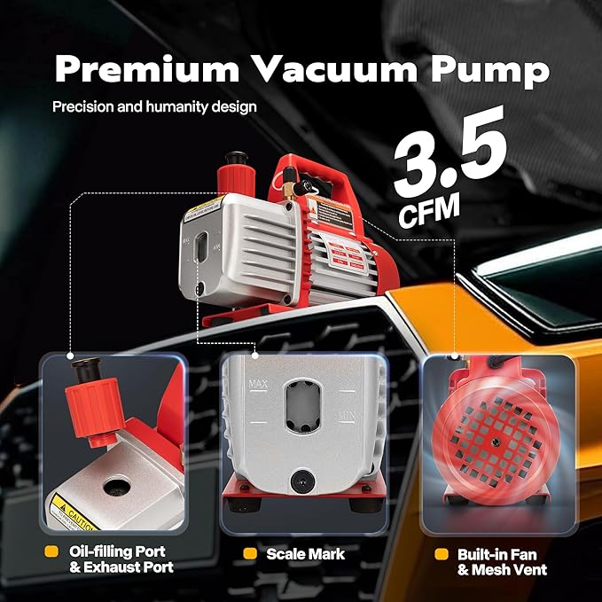 VIVOHOME 110V 1/4 HP 3.5CFM Single Stage Rotary Vane Air Vacuum Pump and AC Manifold Gauge Set Kit with Thermometer for R134a R12 R22 R502 R410a HVAC Air Conditioning Refrigeration Recharging Red