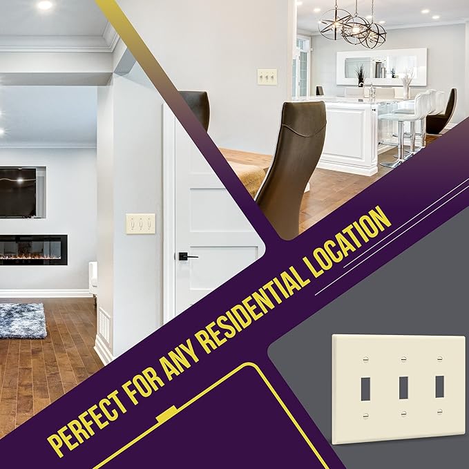 ENERLITES Triple Toggle Light Switch Wall Plate, Gloss Finish, Standard Size 3-Gang 4.50" x 6.38", Unbreakable Polycarbonate Thermoplastic, 8813-LA, Light Almond
