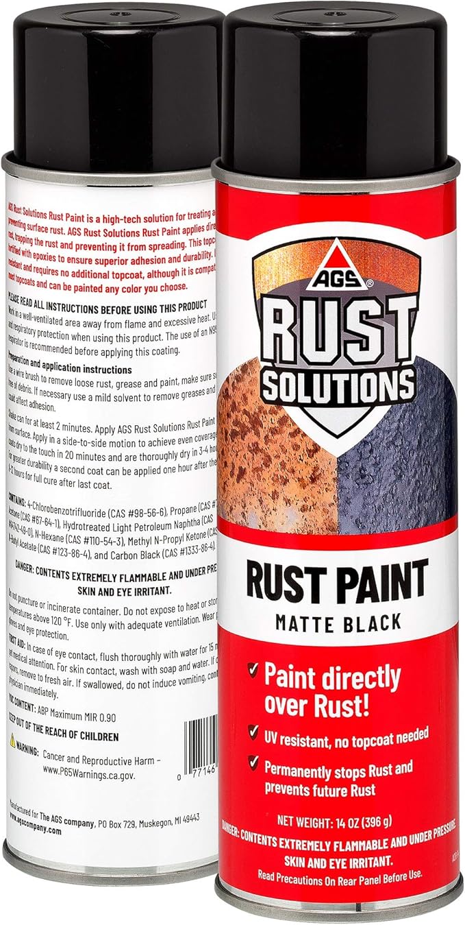 AGS RUST SOLUTIONS Rust Stop Spray Paint for Metal, 14oz Aerosol Can – Matte Black Finish, Epoxy-Fortified Corrosion Protection, UV Resistant, Withstands 300°F – No Sanding Required