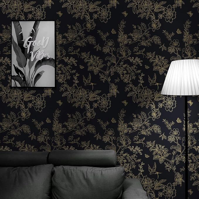 Froluya Black and Gold Wallpaper Peel and Stick Wallpaper 17.7"x118.1" Vintage Floral Boho Peel and Stick Wall Paper Dark Removable Self Adhesive Contact Paper for Bedroom Cabinets Shelf Liner Vinyl