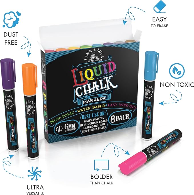 LANA & LUCA Liquid Chalk Markers for Blackboards - Bold Color Dry Erase Marker Pens - Chalkboards Signs, Windows, Blackboard, Glass - 6mm Reversible Tip (8 Pack)