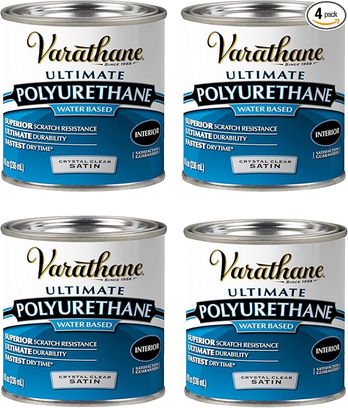 Varathane Water-Based Crystal-Clear Ultimate Polyurethane | Interior Wood Protection | Fast Dry Time | Easy Clean Up | Satin | Half Pint | 4 Pack