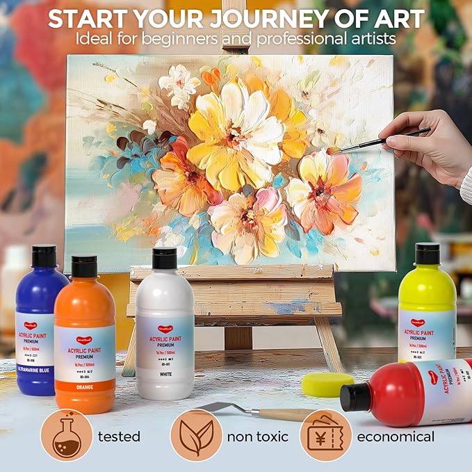 Smallbudi 12 Colors Large Acrylic Paint Set (16.9 oz,500 ml), Bulk Acrylic Paint Non-Toxic Art Painting Supplies on Multi Surface Pumpkin Canvas Wood Craft Fabric Rock for Artist Kids with Color Wheel