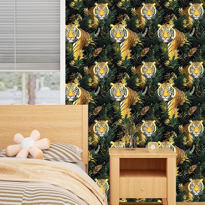Gold Vintage Tiger Peel and Stick Wallpaper 17.5" x 393" | Waterproof Vinyl Self Adhesive Removable Renter Friendly Floral Contact Paper