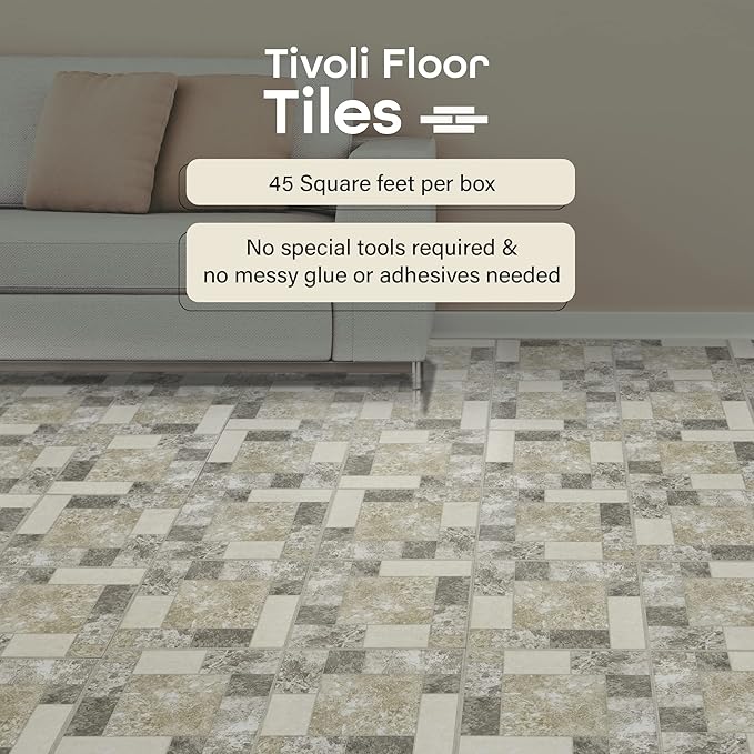 Tivoli Self Adhesive Vinyl Floor Tiles, 45 Tiles - 12" x 12", Marble Blocks - Peel & Stick, DIY Flooring for Kitchen, Dining Room, Bedrooms, Basements & Bathrooms by Achim Home Decor