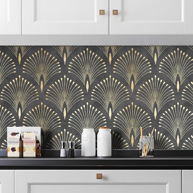 Livelynine 17.5x591 Dark Art Deco Wallpaper Black and Gold Abstract Wallpaper Peel and Stick Removable Peacock Feather Contact Paper Vinyl Luxury Metallic Geometric Modern Accent Wall Decoration