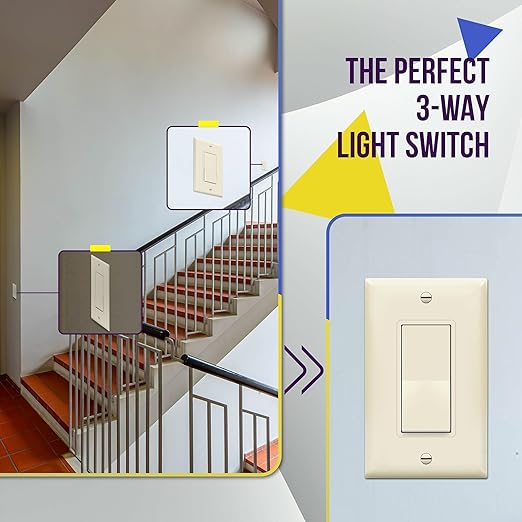 ENERLITES 3-Way Decorator Paddle Rocker Light Switch with Wall Plate, Gloss Finish, Single Pole or Three Way, 3 Wire, Grounding Screw, 15A 120V/277V, UL Listed, 93150-LAWP, Light Almond (10 Pack)