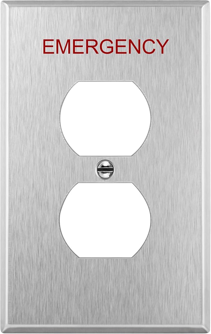 ENERLITES Duplex Receptacle Metal Wall Plate with Emergency Label, Stainless Steel Outlet Cover, Corrosion Resistant, Mid-Size 1-Gang 4.88" x 3.11", 430 Stainless Steel, 7721M-E, Silver