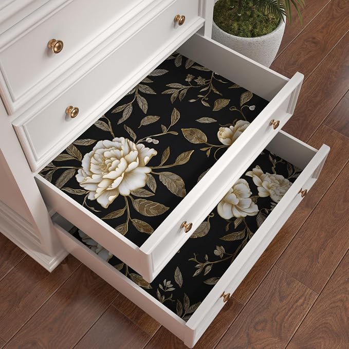 Dark Golden White Peony Floral Wallpaper Peel and Stick 17.5"x787" | Self Adhesive/Removable/Waterproof/Thick Vinyl Extra Long Contact Paper for Bathroom Bedroom Shelf Cabinet Drawer,Prepasted
