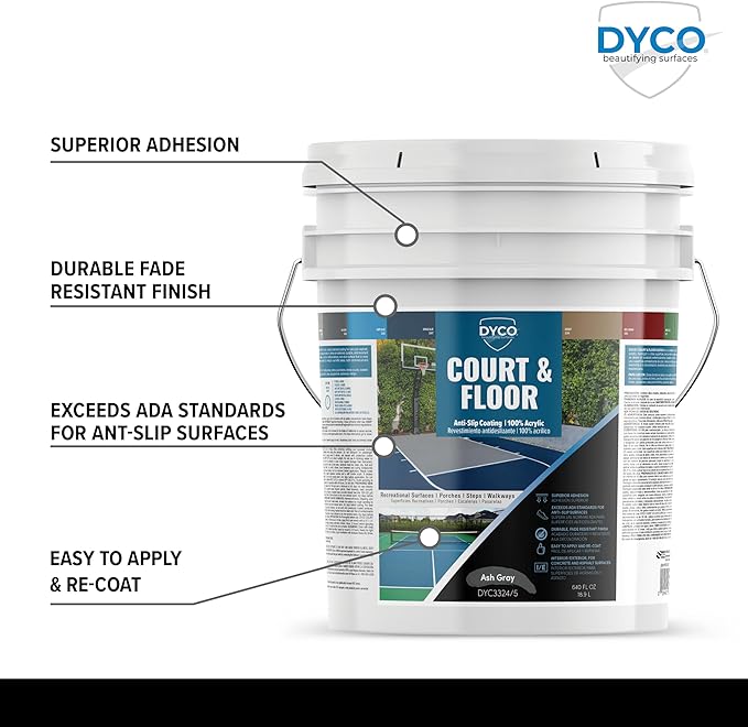 DYCO Court & Floor Anti-Slip Coating - Slip-Resistant Pavement, Cement & Concrete Paint for Pickleball, Tennis & Basketball Courts, Exceeds ADA Standards for Safety Areas (Ash Gray, 5 Gallons)