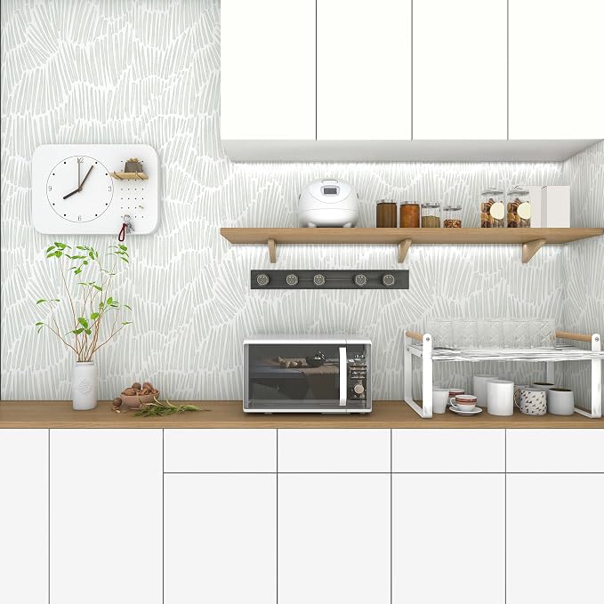 Theper Green Wallpaper 17.3"×197" Modern Striped Peel and Stick Wallpaper Boho Self Adhesive Removable Wallpaper for Bedroom Waterproof Wall Paper Vinyl White and Green Contact Paper