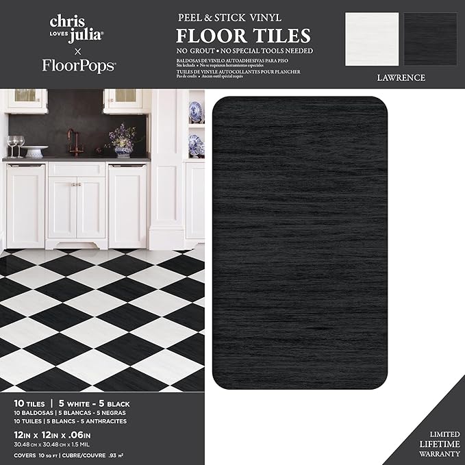 FloorPops x Chris Loves Julia 12-in by 12-in Lawrence Black Peel and Stick Floor Tiles, FP5059
