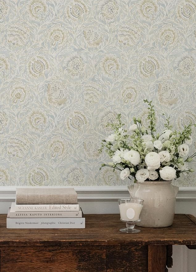 NuWallpaper x Nabela Noor Home Aliviya Mint Peel and Stick Wallpaper, Flowers, Transitional, Self-Adhesive, 20.5-in x 18-ft