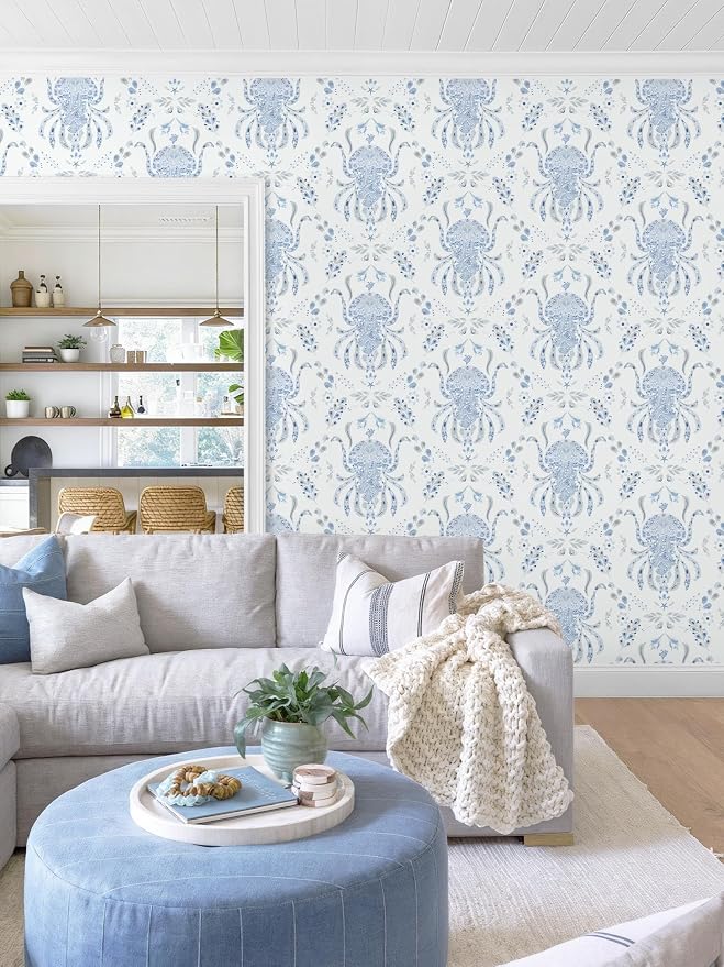 Dimoon Blue Peel and Stick Wallpaper Coastal Contact Paper Bathroom Ocean Beach Wallpaper Boho Jellyfish Renter Friendly Nautical Waterproof for Nursery Kitchen Bedroom Vinyl 17.3''x197''