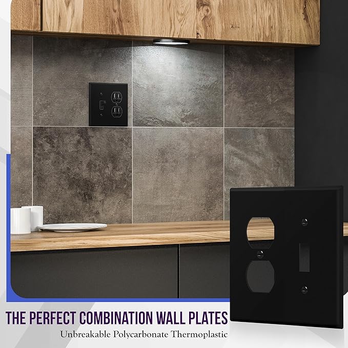 ENERLITES Combination Toggle Light Switch/Duplex Receptacle Outlet Wall Plate, Mid-Size 2-Gang 4.88" x 4.92", Polycarbonate Thermoplastic, 881121M-BK, Black