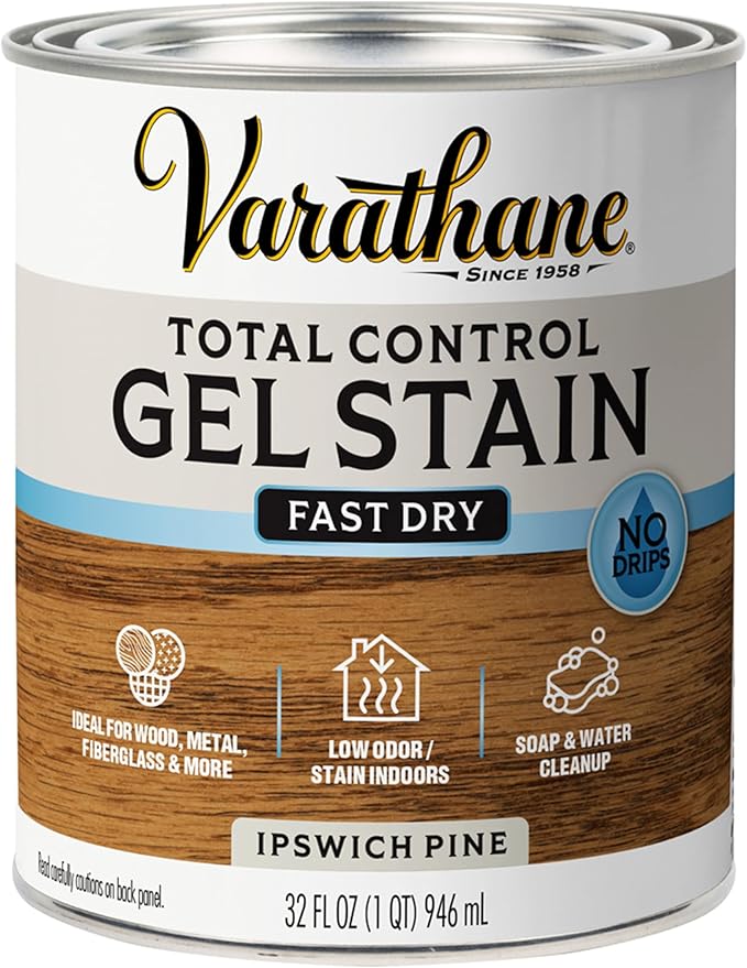 Varathane Total Control Gel Stain | Low Odor Water-Based Formula | Thick Gel Formula for Vertical Surfaces | Ideal for Wood, Metal & Fiberglass | Quart | Ipswich Pine