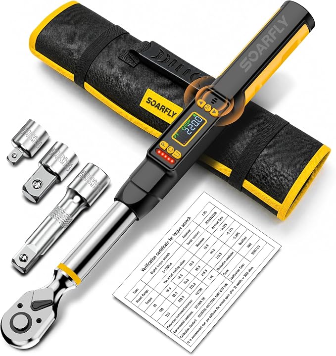 3/8 Digital Torque Wrench Set for Automotive 0-220Nm ±1% Precision | 1/2 1/4 3/8 Drive, LED+Buzzer Alerts, 10 Presets & 400 Data Logs, Preset/Real-Time/Peak/Modes for Car Repair & Maintenance