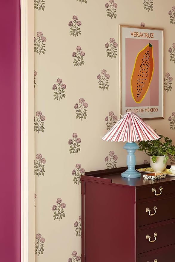 17.3”×393.7” Vintage Floral Wallpaper Retro Rose Flower Contact Paper for Cabinets Self Adheisve Floral Wallpaper for Bedroom Accent Wall Cabinets