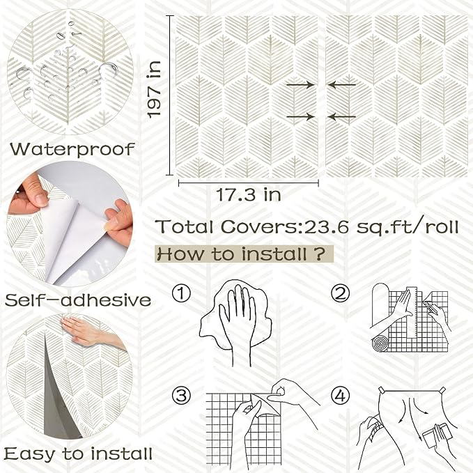 OSECAGE Geometric Peel and Stick Wallpaper Boho Contact Paper 17.3''×197'' | Modern Self Adhesive Wallpaper Removable White and Beige Wall Paper Decorative for Bedroom Bathroom Cabinets Decor Vinyl Roll