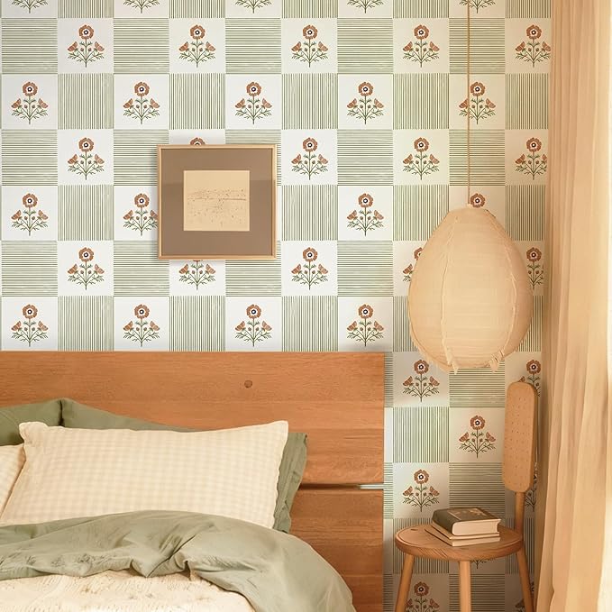 Guvana Green Floral Peel and Stick Wallpaper Vintage Floral Wallpaper Boho Wall Paper Removable Modern Contact Paper Vinyl Self Adhesive for Bedroom Bathroom Kitchen Livingroom Covering 17.3"×78.7"