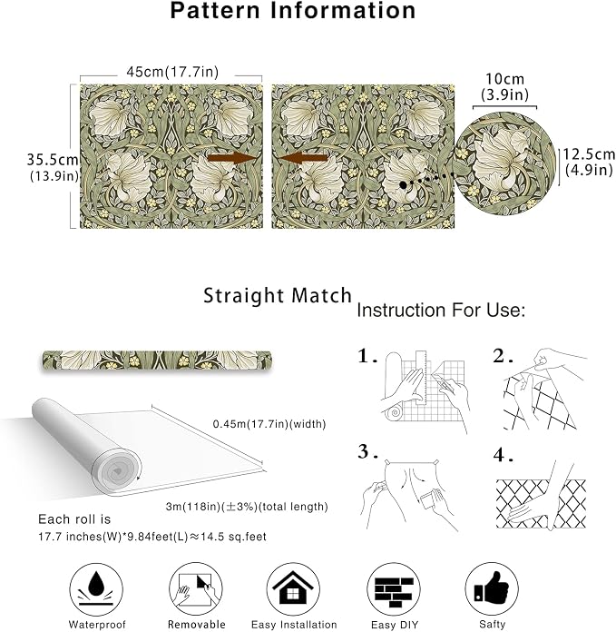 HAOKHOME Vintage Floral Wallpaper Peel and Stick Botanical Sage Green/Yellow Wall Murals Home Kitchen Bedroom Decor by William Morris 17.3in x 9.8ft