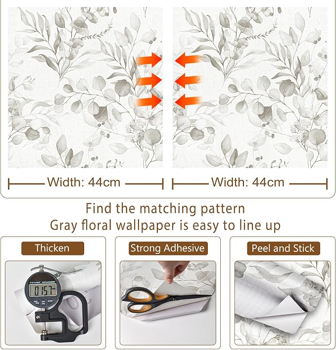 Naphite Gray Floral Peel and Stick Wallpaper Boho Farmhouse 197in17.3in | Watercolor Eucalyptus Leaf, Thicken,Self Adhesive Wallpaper for Renter Bedroom Bathroom, Removable,Contact Paper for Cabinets